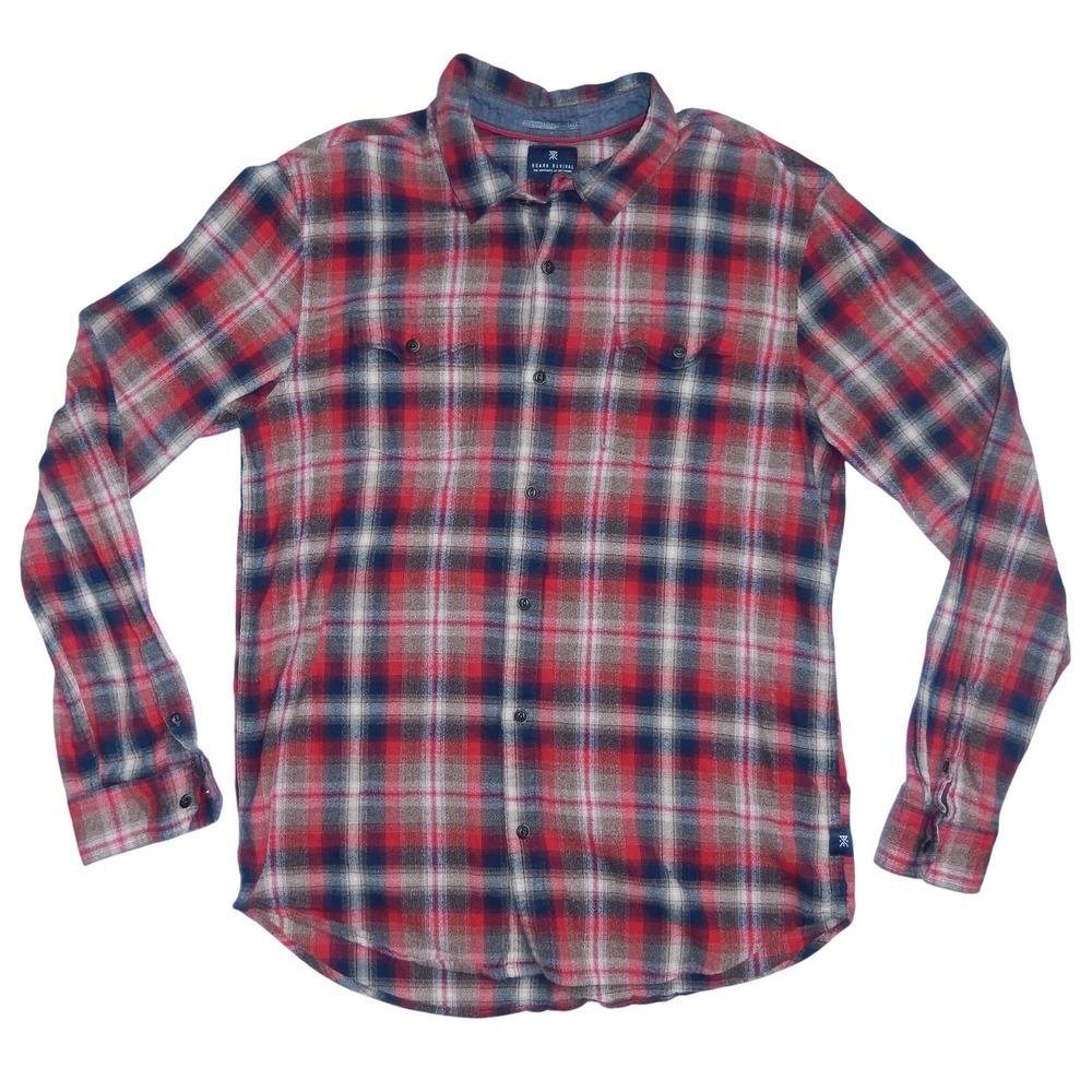 Roark Revival Mens Large Red Navy Plaid Flannel Button Down Shirt Long‎ Sleeve